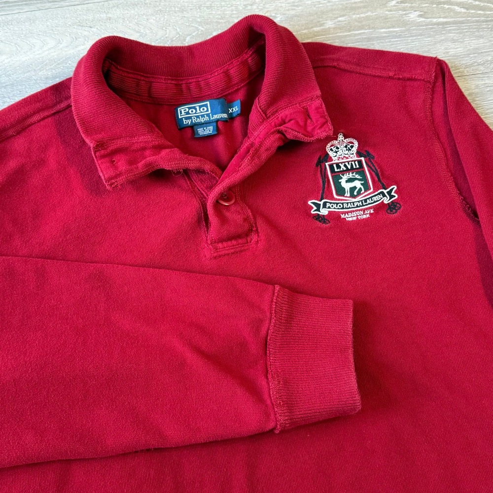 Vintage Polo Ralph Lauren‎ Mock Neck Henley Polo Shirt Sweater 2XL Red Crest